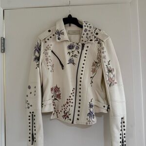 Embroidered Floral Cream Leather Moto Jacket
